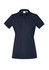 A women's short sleeve polo shirt in navy blue, featuring a collar and buttons, with a logo on the chest.