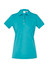 A short sleeve polo shirt in teal with a collar and buttons, featuring a logo.