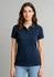 A navy women's short sleeve polo shirt with a collar and a logo. The shirt has a fitted design.
