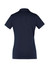 A navy women's short sleeve polo shirt with a classic collar, featuring a logo on the front.