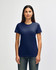 A navy blue ladies' t-shirt with a round neckline and short sleeves, featuring a logo on the chest area.