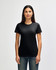 A black ladies' t-shirt with short sleeves, featuring a fitted design and a logo.