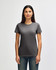 A grey Gildan Softstyle ladies' T-shirt displayed on a model, featuring a classic round neckline and short sleeves.