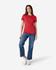 A red Gildan Softstyle ladies' t-shirt paired with blue jeans, worn by a woman standing against a plain background.