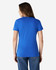 A blue ladies' t-shirt with a fitted design and a subtle brand logo on the back, paired with denim jeans.