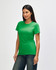 A green Gildan Softstyle ladies' T-shirt displayed on a model from the side, paired with jeans.