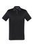 A black short sleeve polo shirt with a contrasting collar and a logo on the chest.