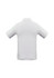 A white short sleeve polo shirt featuring a collar and a logo on the back.