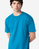 A bright turquoise adult midweight T-shirt on a model, featuring a round neckline and short sleeves.