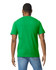A green Gildan Softstyle adult midweight t-shirt displayed from the back, featuring a logo.