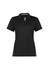A black women's short sleeve polo shirt featuring a collar, button placket, and logo detail.