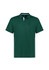 A green short sleeve polo shirt featuring a collar, with a logo and contrasting details on the sides.