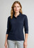 A women's long sleeve polo shirt in navy blue with a collar and button detailing, featuring a logo on the chest.
