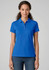 A blue women's short sleeve polo shirt with a collar, featuring a logo on the chest.