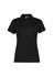A short sleeve women's polo shirt in black, featuring a classic collar and a button placket. It has a logo on it.
