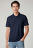 A navy short sleeve polo shirt featuring a collar and a branded logo. Model wears it with light blue jeans.