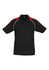 A black polo shirt with red shoulder accents and white detailing, featuring a collar and short sleeves.