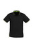 A black short sleeve polo shirt with green detailing and a logo on the chest.