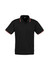 A black polo shirt with short sleeves, featuring contrasting trim on the collar and cuffs. It has a logo.