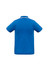 A blue short sleeve polo shirt featuring a contrasting collar and a logo. The back view showcases a simple design.