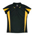A dark green polo shirt featuring yellow side panel accents and a collar, with buttons and a logo.