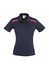 A women's short sleeve polo shirt in navy blue with pink accents and a logo on the chest.