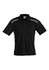 A black short sleeve polo shirt with contrasting grey panel accents and a logo on the chest.
