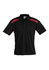 A black short sleeve polo shirt featuring red accents and a logo on the chest.