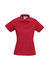 A women's short sleeve polo in a rich red colour, featuring a collar and a logo.
