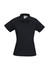 A black women's short sleeve polo shirt with a collar and a logo on the chest.