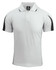 A white polo shirt with black detail and a logo on the chest. Short sleeves and a classic collar.