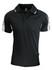 A black polo shirt with white detailing on the shoulders, featuring a collar and short sleeves. It has a logo on the collar.