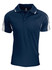 A navy blue polo shirt with white accents and a logo on the chest. Features a classic collar and button placket.