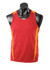 A red singlet with yellow accents, displayed on a mannequin torso. Features a logo on the garment.