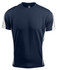 A navy blue t-shirt with white side panels and a logo on the collar. Ideal for casual wear.