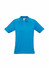 A short sleeve polo shirt in bright blue with contrasting accents and a logo on the chest.