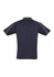 A navy blue short sleeve polo shirt featuring contrasting stitching and a logo on the chest.