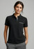 A women's short sleeve polo shirt in black, featuring a pocket and contrast detailing. The shirt includes a logo.