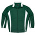 A green tracktop with white side stripes and a zip-up front. It features a collar and has a logo.