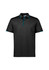 A black short sleeve polo shirt featuring turquoise accents and a branding logo on the chest area.