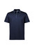 A navy blue men's short sleeve polo shirt with contrasting trim and a collar. Features a logo.
