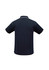 A navy short sleeve polo shirt with a collar and a logo on the back. The fabric has a textured design.