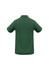 A green men's polo shirt featuring a classic collar and short sleeves, with a branding logo on the back.