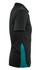 A black polo shirt with teal accents, featuring a collar and a logo on the side.