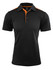 A black polo shirt with orange accents and a collar, featuring a buttoned placket and a logo.