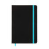A black A5 notebook with a turquoise elastic band and ribbon bookmark. It features a logo on the cover.
