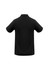A black polo shirt featuring a collar and short sleeves, with a logo on the back.