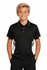 A black polo shirt with white accents, featuring a logo, modelled by a boy with blonde hair.