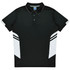 A black polo shirt featuring white accents and a logo. Designed for kids, with a collared neck and button placket.