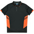 Black polo shirt with orange side panels and a collar, featuring a logo on the chest.